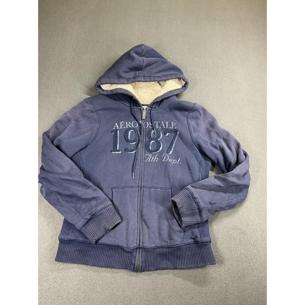 Vintage Aeropostale Hoodie Mens Large Blue Sherpa Line Spellout Full Zip Y2K Emo